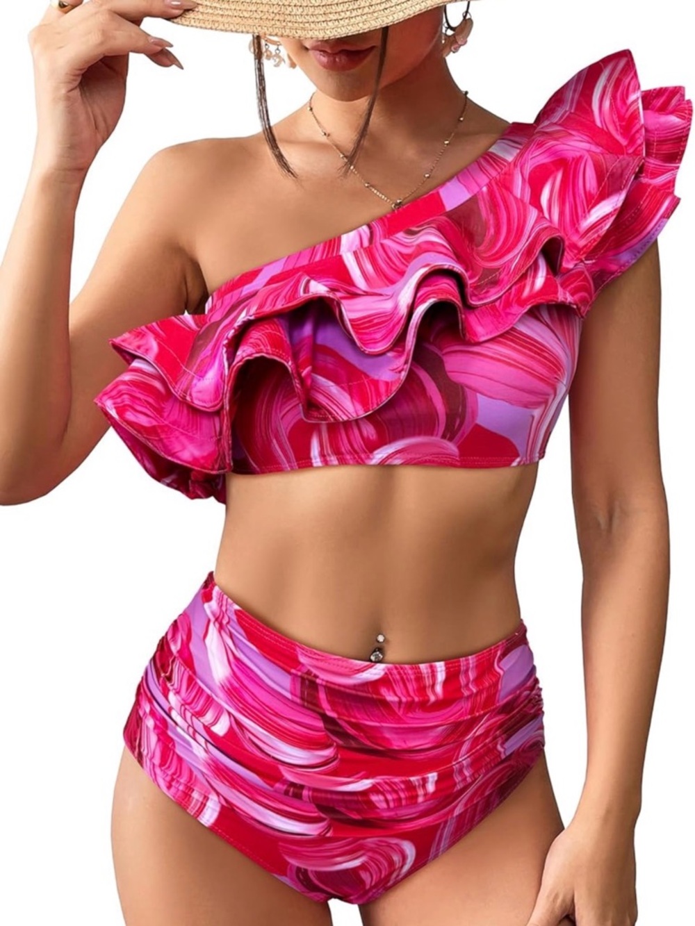 Sporlike High Waisted One Shoulder Ruffle Bikini Pink Red Swirl Size Medium